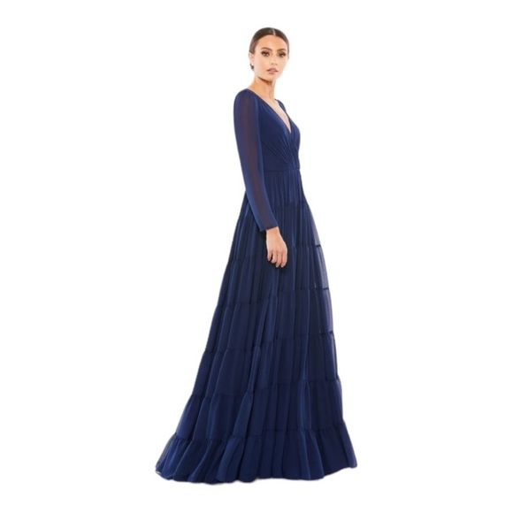 Mac Duggal Faux Wrap Illusion Long Sleeve Tiered Gown in Midnight NWT 55311 - Picture 5 of 10